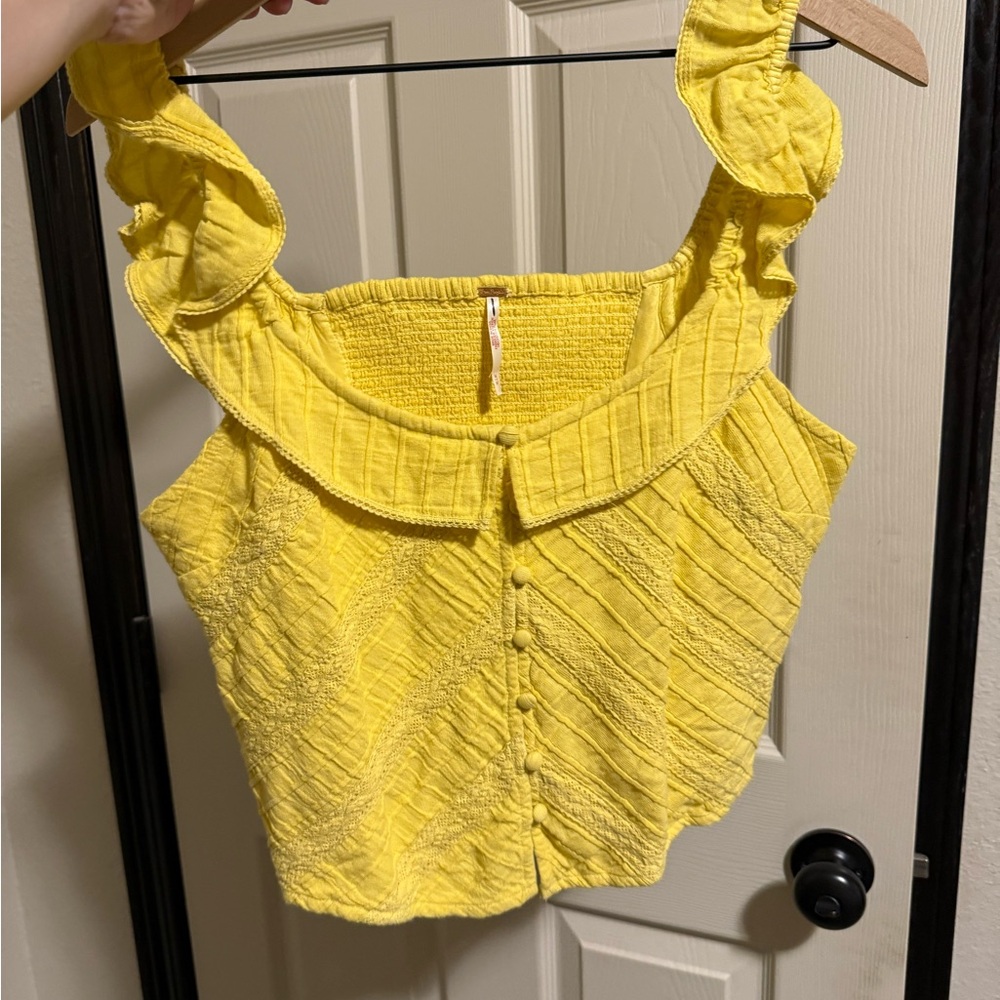 Free People Yellow Smocked Tank Top with Ruffled Peter Pan Collar